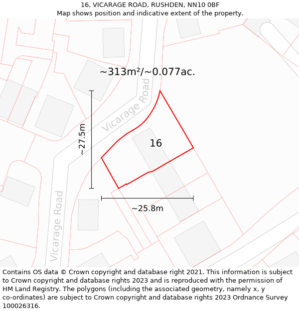 16, VICARAGE ROAD, RUSHDEN, NN10 0BF: Plot and title map