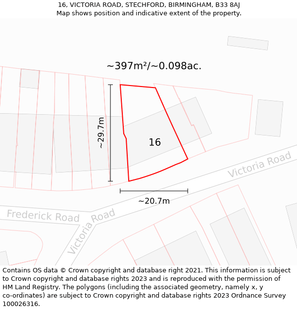 16, VICTORIA ROAD, STECHFORD, BIRMINGHAM, B33 8AJ: Plot and title map