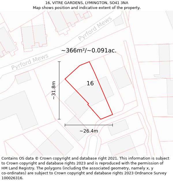 16, VITRE GARDENS, LYMINGTON, SO41 3NA: Plot and title map