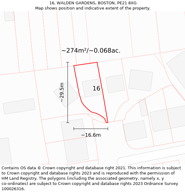 16, WALDEN GARDENS, BOSTON, PE21 8XG: Plot and title map