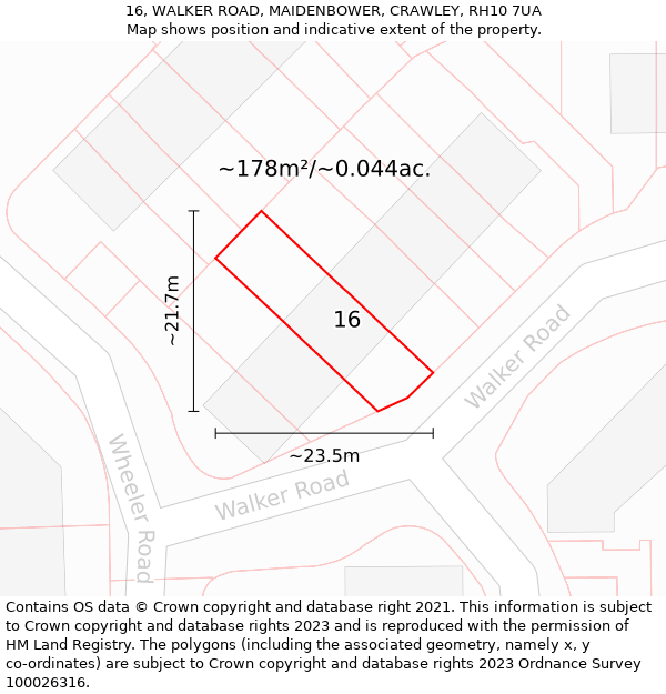 16, WALKER ROAD, MAIDENBOWER, CRAWLEY, RH10 7UA: Plot and title map