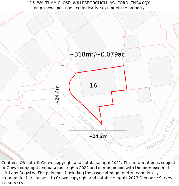 16, WALTHAM CLOSE, WILLESBOROUGH, ASHFORD, TN24 0QY: Plot and title map