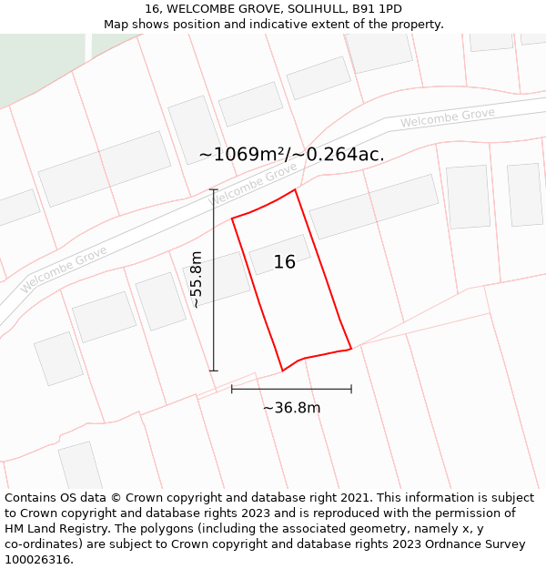 16, WELCOMBE GROVE, SOLIHULL, B91 1PD: Plot and title map