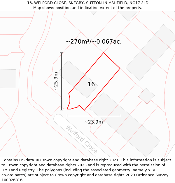 16, WELFORD CLOSE, SKEGBY, SUTTON-IN-ASHFIELD, NG17 3LD: Plot and title map