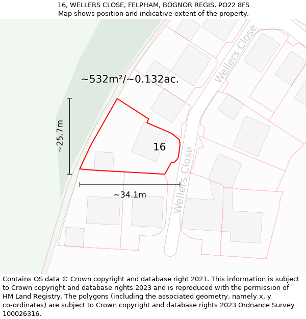 16, WELLERS CLOSE, FELPHAM, BOGNOR REGIS, PO22 8FS: Plot and title map