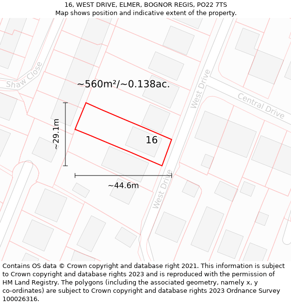 16, WEST DRIVE, ELMER, BOGNOR REGIS, PO22 7TS: Plot and title map