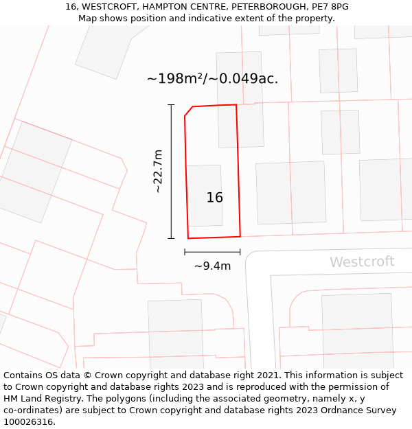 16, WESTCROFT, HAMPTON CENTRE, PETERBOROUGH, PE7 8PG: Plot and title map