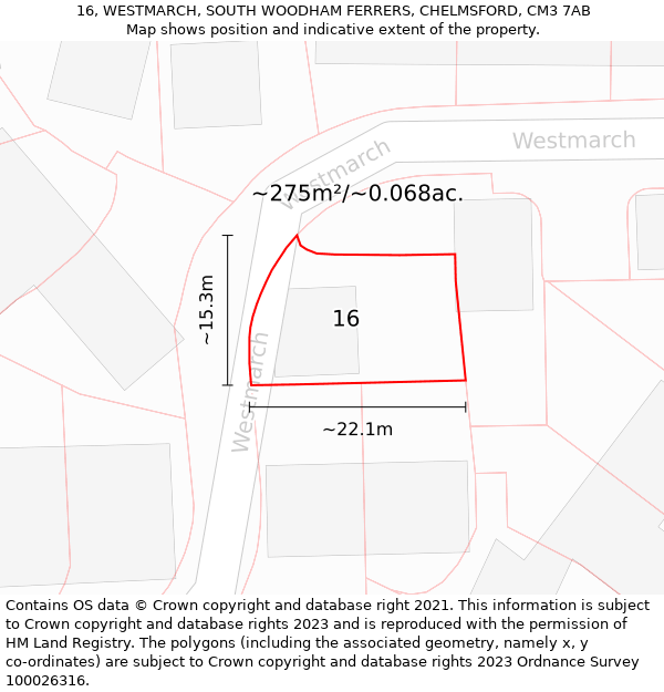 16, WESTMARCH, SOUTH WOODHAM FERRERS, CHELMSFORD, CM3 7AB: Plot and title map