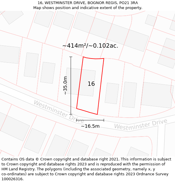 16, WESTMINSTER DRIVE, BOGNOR REGIS, PO21 3RA: Plot and title map