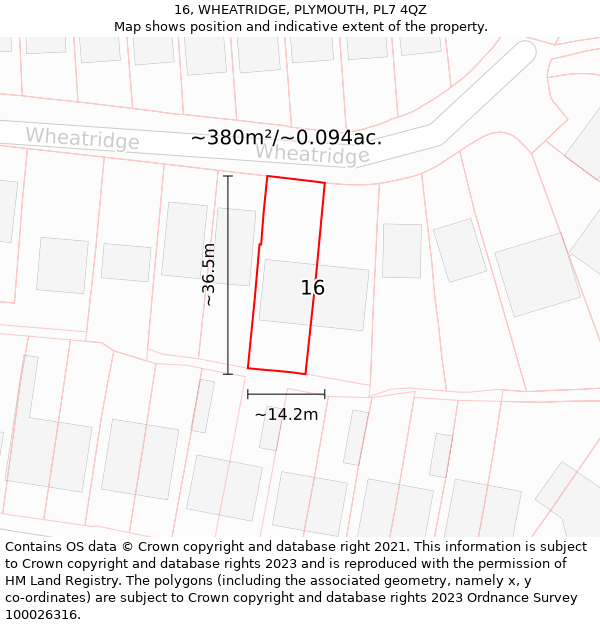 16, WHEATRIDGE, PLYMOUTH, PL7 4QZ: Plot and title map