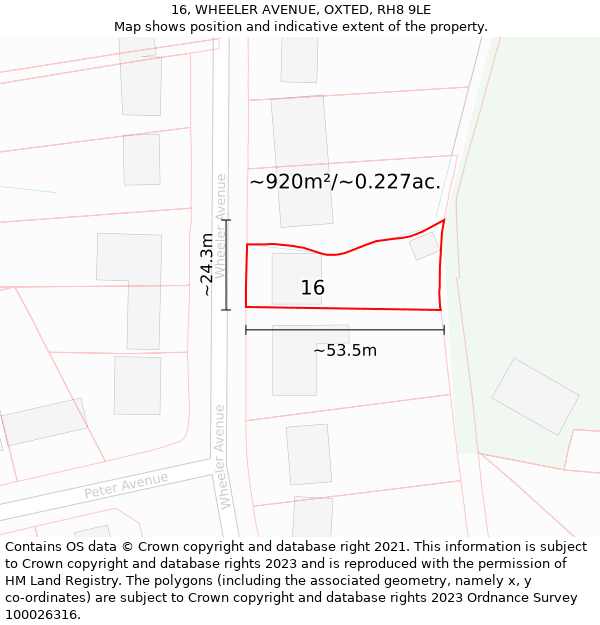 16, WHEELER AVENUE, OXTED, RH8 9LE: Plot and title map