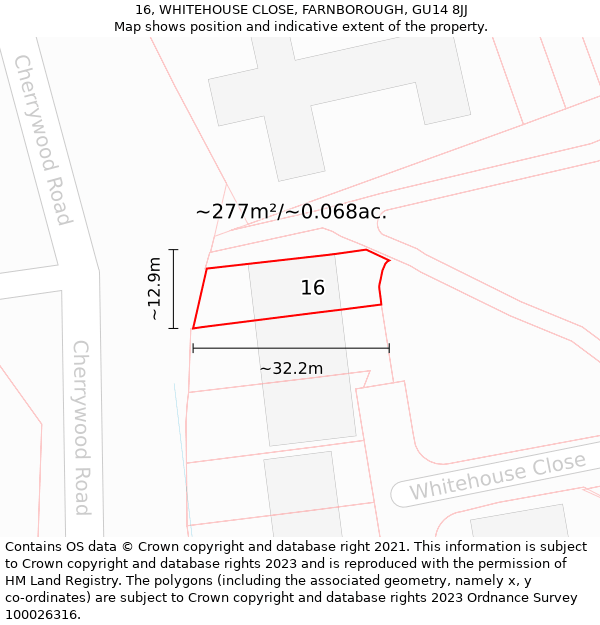 16, WHITEHOUSE CLOSE, FARNBOROUGH, GU14 8JJ: Plot and title map