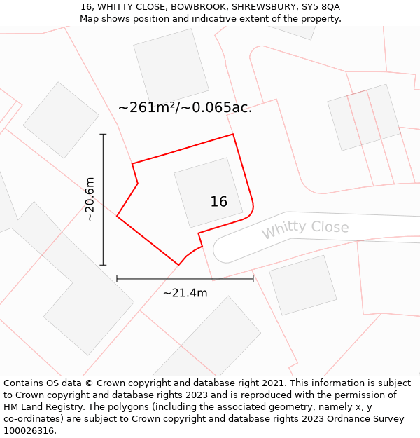 16, WHITTY CLOSE, BOWBROOK, SHREWSBURY, SY5 8QA: Plot and title map