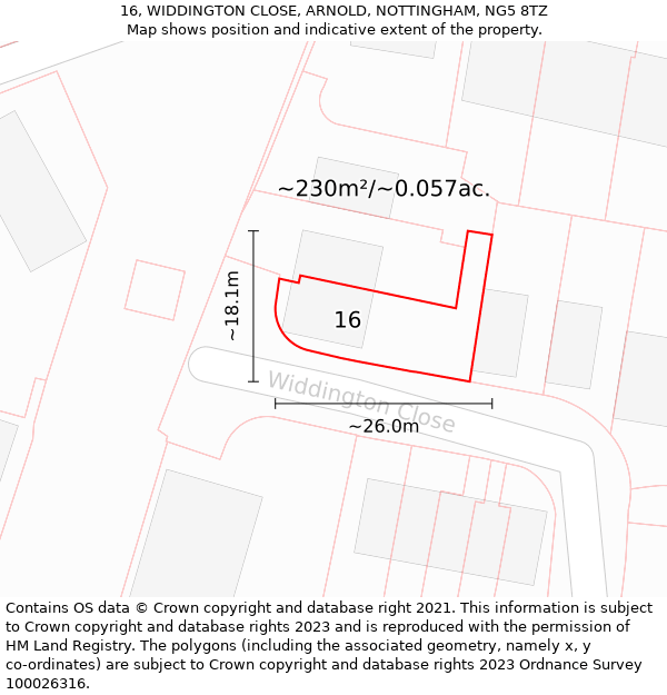 16, WIDDINGTON CLOSE, ARNOLD, NOTTINGHAM, NG5 8TZ: Plot and title map