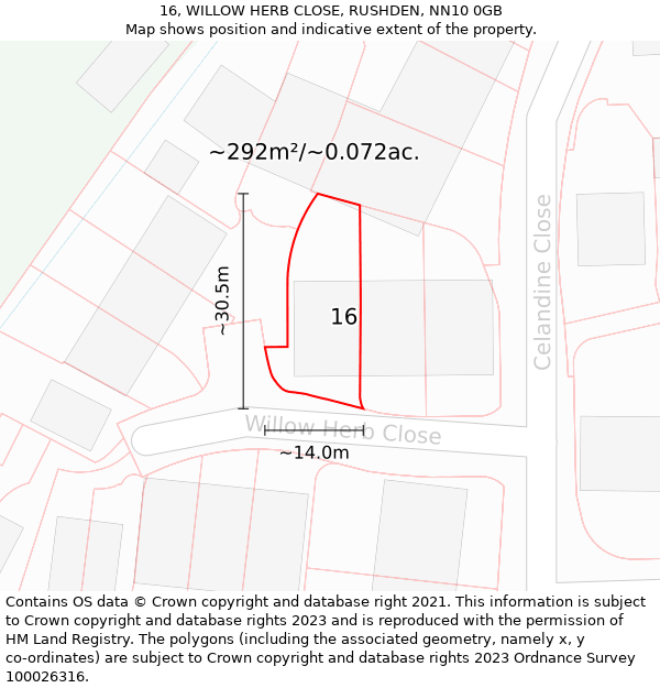 16, WILLOW HERB CLOSE, RUSHDEN, NN10 0GB: Plot and title map