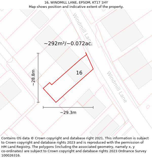 16, WINDMILL LANE, EPSOM, KT17 1HY: Plot and title map