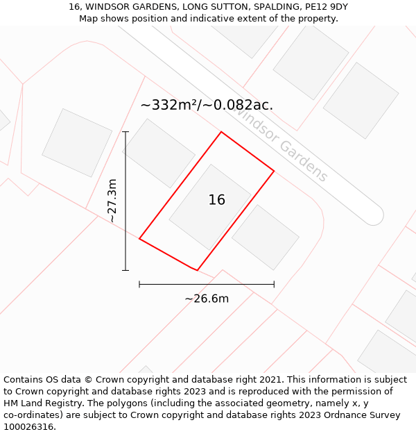 16, WINDSOR GARDENS, LONG SUTTON, SPALDING, PE12 9DY: Plot and title map