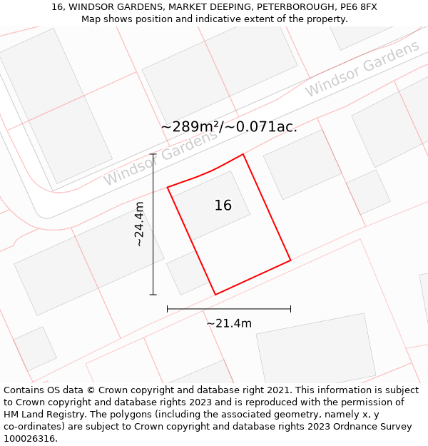 16, WINDSOR GARDENS, MARKET DEEPING, PETERBOROUGH, PE6 8FX: Plot and title map