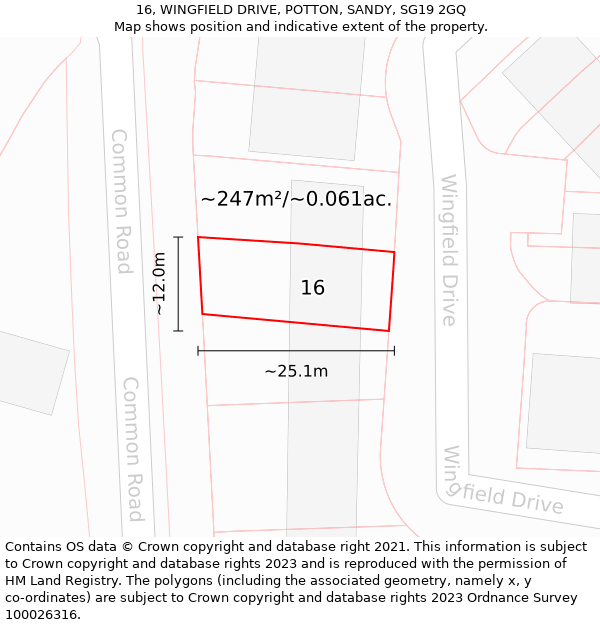 16, WINGFIELD DRIVE, POTTON, SANDY, SG19 2GQ: Plot and title map