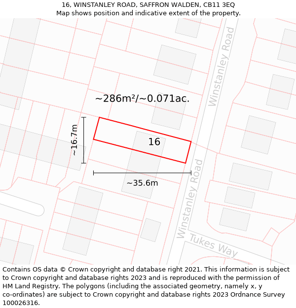 16, WINSTANLEY ROAD, SAFFRON WALDEN, CB11 3EQ: Plot and title map