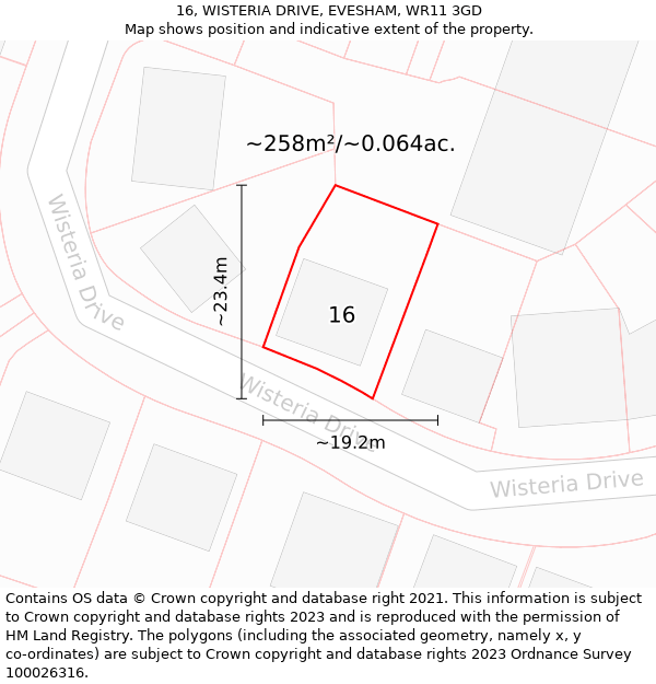 16, WISTERIA DRIVE, EVESHAM, WR11 3GD: Plot and title map