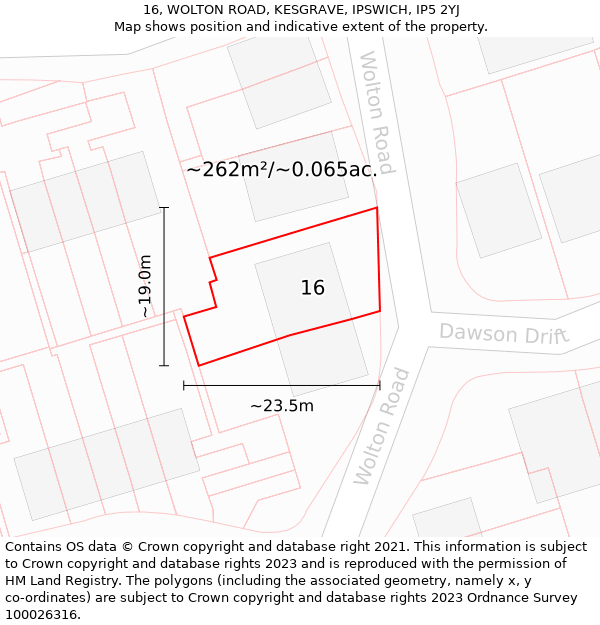 16, WOLTON ROAD, KESGRAVE, IPSWICH, IP5 2YJ: Plot and title map