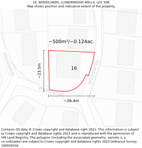 16, WOODLANDS, LLANDRINDOD WELLS, LD1 5DE: Plot and title map