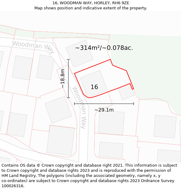 16, WOODMAN WAY, HORLEY, RH6 9ZE: Plot and title map