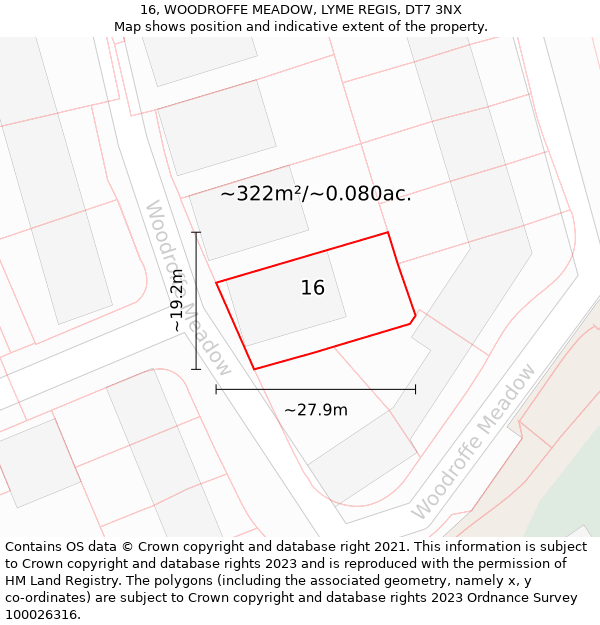 16, WOODROFFE MEADOW, LYME REGIS, DT7 3NX: Plot and title map