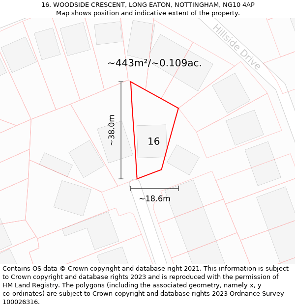 16, WOODSIDE CRESCENT, LONG EATON, NOTTINGHAM, NG10 4AP: Plot and title map