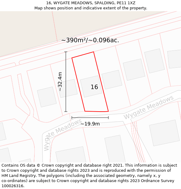 16, WYGATE MEADOWS, SPALDING, PE11 1XZ: Plot and title map