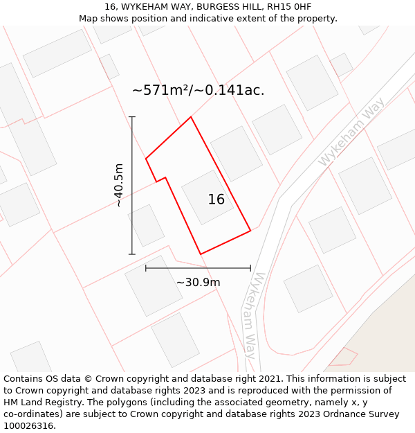 16, WYKEHAM WAY, BURGESS HILL, RH15 0HF: Plot and title map