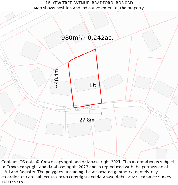 16, YEW TREE AVENUE, BRADFORD, BD8 0AD: Plot and title map