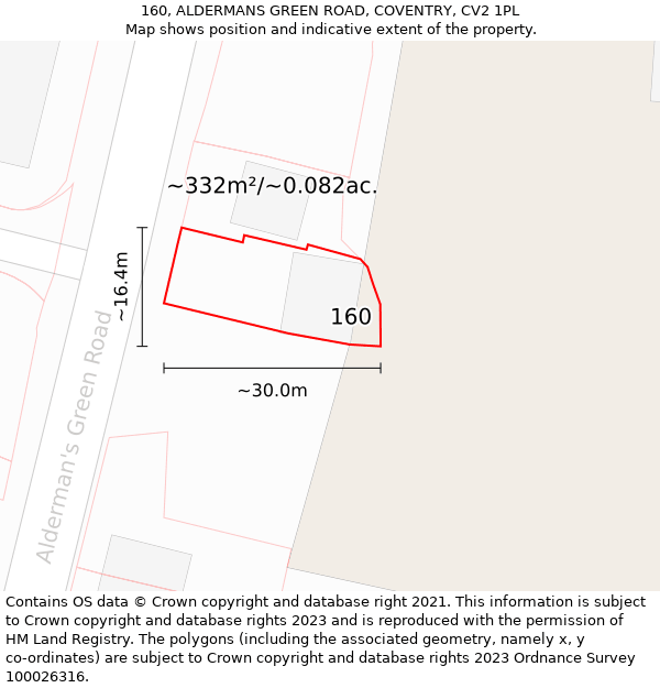 160, ALDERMANS GREEN ROAD, COVENTRY, CV2 1PL: Plot and title map