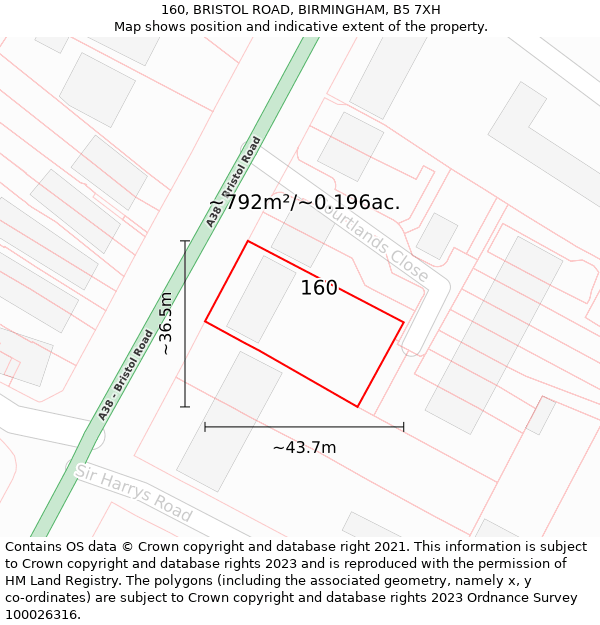 160, BRISTOL ROAD, BIRMINGHAM, B5 7XH: Plot and title map