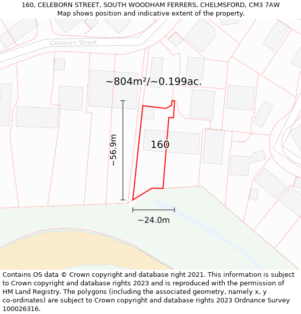 160, CELEBORN STREET, SOUTH WOODHAM FERRERS, CHELMSFORD, CM3 7AW: Plot and title map