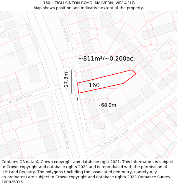 160, LEIGH SINTON ROAD, MALVERN, WR14 1LB: Plot and title map