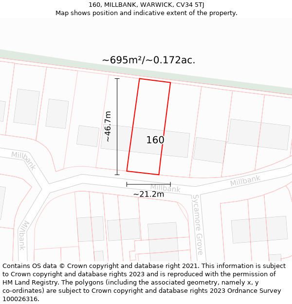 160, MILLBANK, WARWICK, CV34 5TJ: Plot and title map