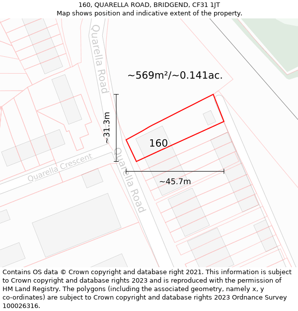 160, QUARELLA ROAD, BRIDGEND, CF31 1JT: Plot and title map