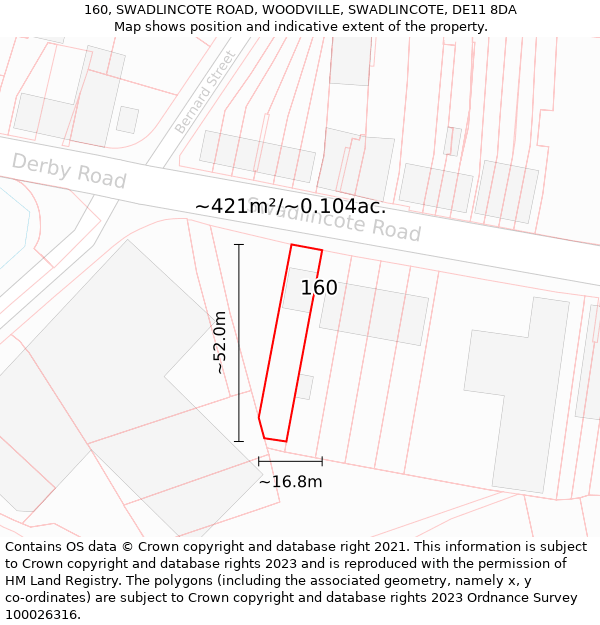 160, SWADLINCOTE ROAD, WOODVILLE, SWADLINCOTE, DE11 8DA: Plot and title map