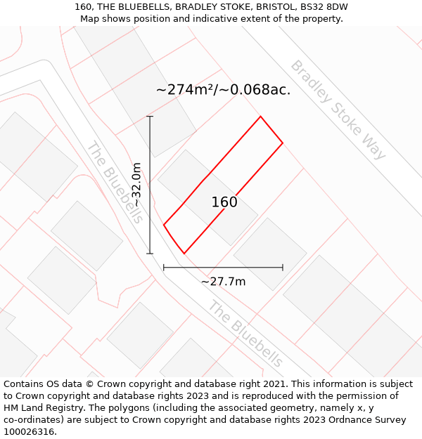 160, THE BLUEBELLS, BRADLEY STOKE, BRISTOL, BS32 8DW: Plot and title map