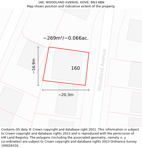 160, WOODLAND AVENUE, HOVE, BN3 6BN: Plot and title map