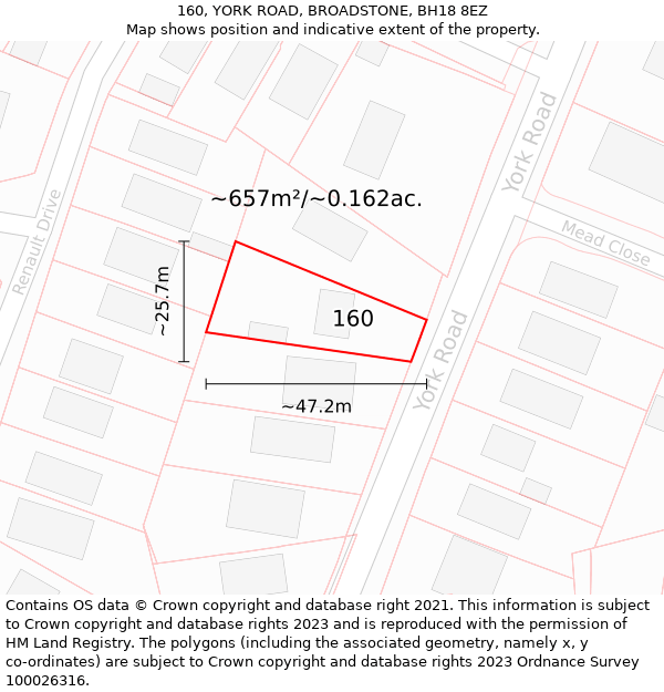 160, YORK ROAD, BROADSTONE, BH18 8EZ: Plot and title map