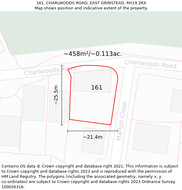 161, CHARLWOODS ROAD, EAST GRINSTEAD, RH19 2RX: Plot and title map