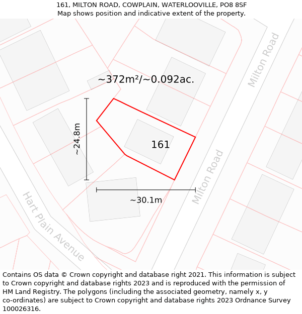 161, MILTON ROAD, COWPLAIN, WATERLOOVILLE, PO8 8SF: Plot and title map