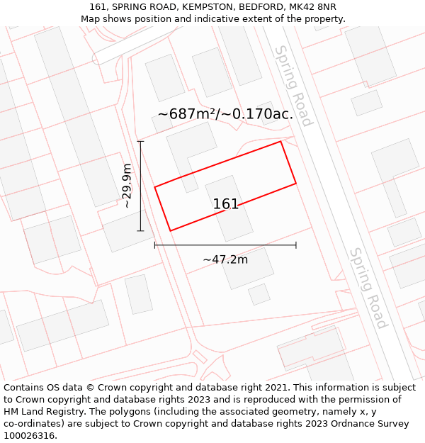 161, SPRING ROAD, KEMPSTON, BEDFORD, MK42 8NR: Plot and title map