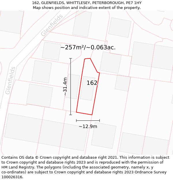 162, GLENFIELDS, WHITTLESEY, PETERBOROUGH, PE7 1HY: Plot and title map