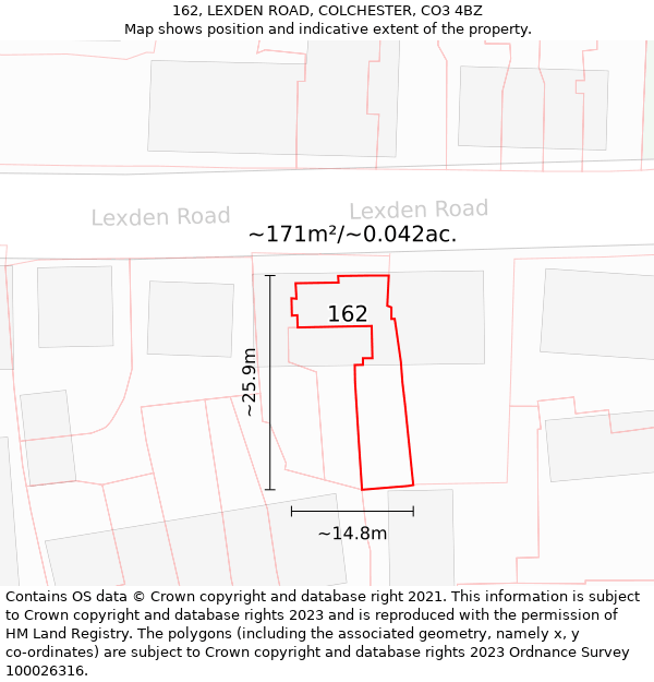 162, LEXDEN ROAD, COLCHESTER, CO3 4BZ: Plot and title map
