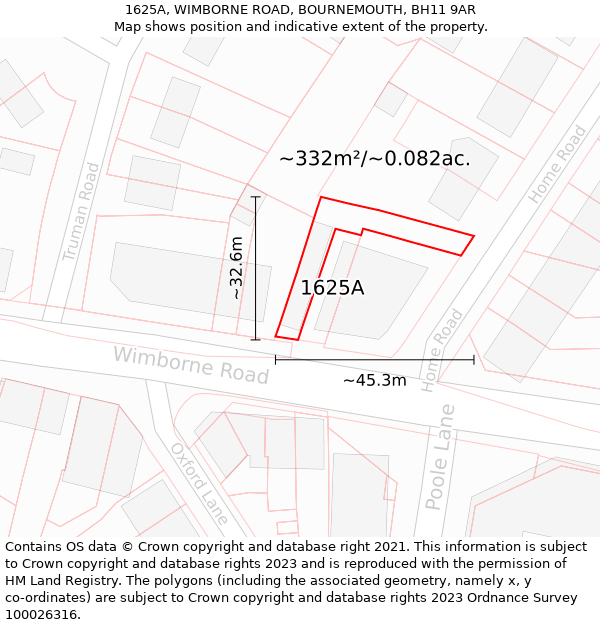 1625A, WIMBORNE ROAD, BOURNEMOUTH, BH11 9AR: Plot and title map