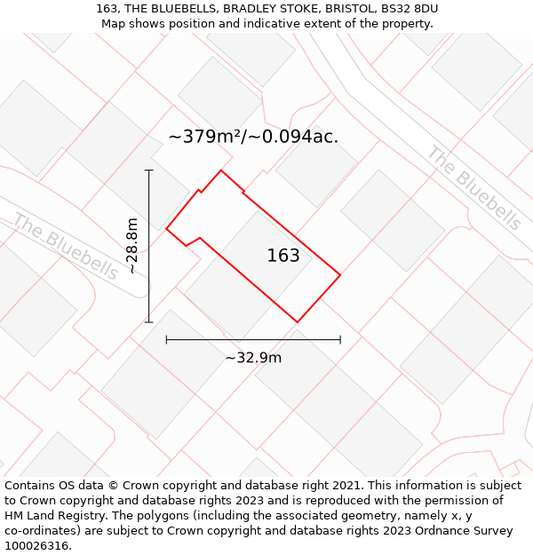 163, THE BLUEBELLS, BRADLEY STOKE, BRISTOL, BS32 8DU: Plot and title map
